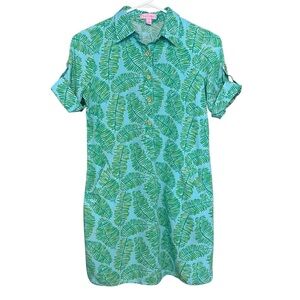 Lilly Pulitzer Shift Shirt Dress Tropical Leaf Blue Green Rayon Size 0